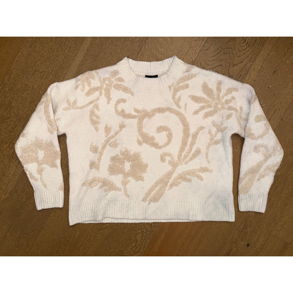 Cynthia Rowley Womens XL‎ Floral Damask Crewneck Sweater Cream Beige Fuzzy Knit